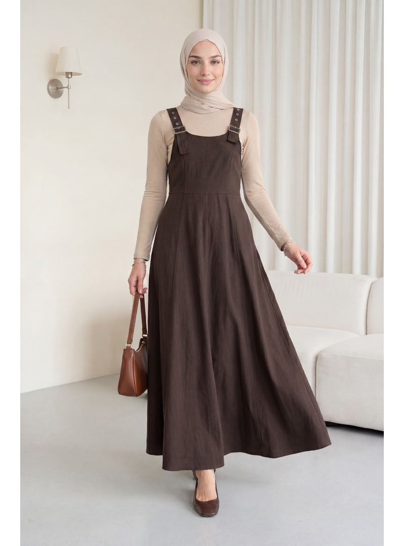 Yarım Fermuarlı Askılı Gabardin Jile  -Kahverengi - Resim 4