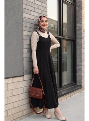 Yarım Fermuarlı Askılı Gabardin Jile  -Siyah