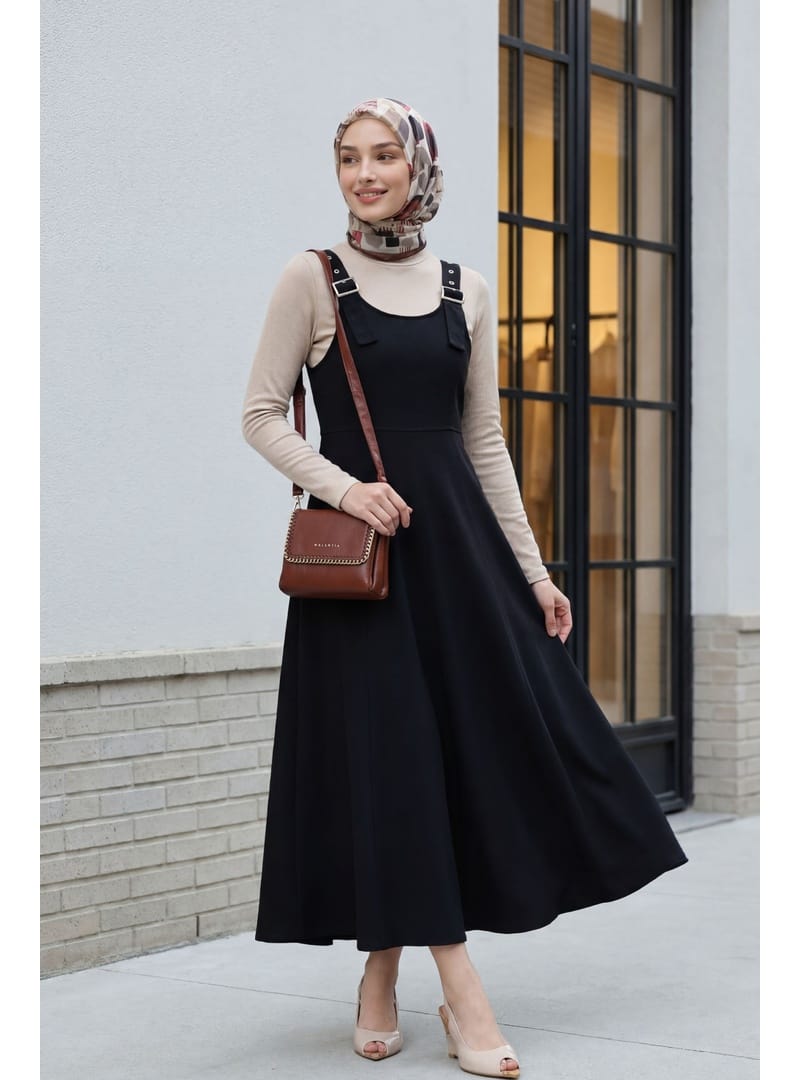 Yarım Fermuarlı Askılı Gabardin Jile  -Siyah - Resim 2