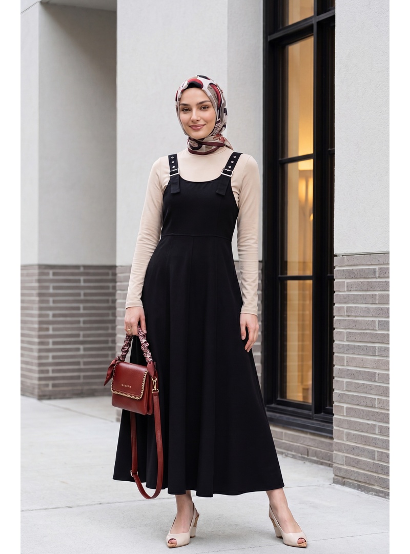 Yarım Fermuarlı Askılı Gabardin Jile  -Siyah - Resim 3