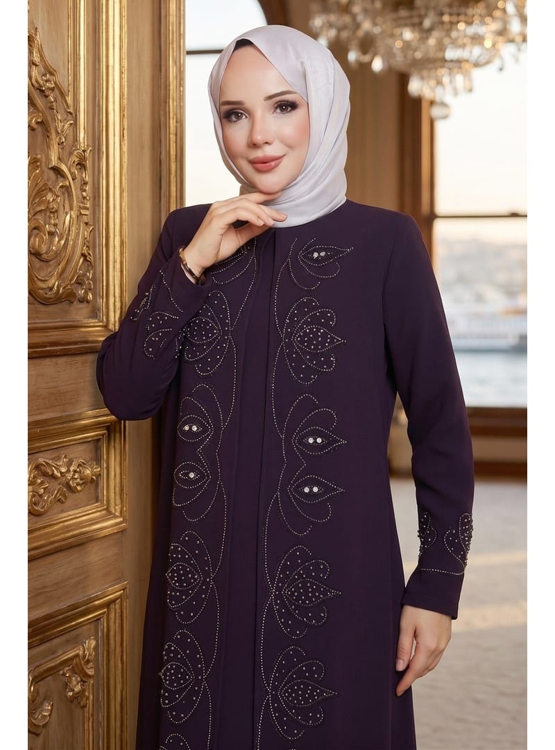 Boncuk Taşlı Büyük Beden Anne Elbisesi Mürdüm HM2952 - Resim 2