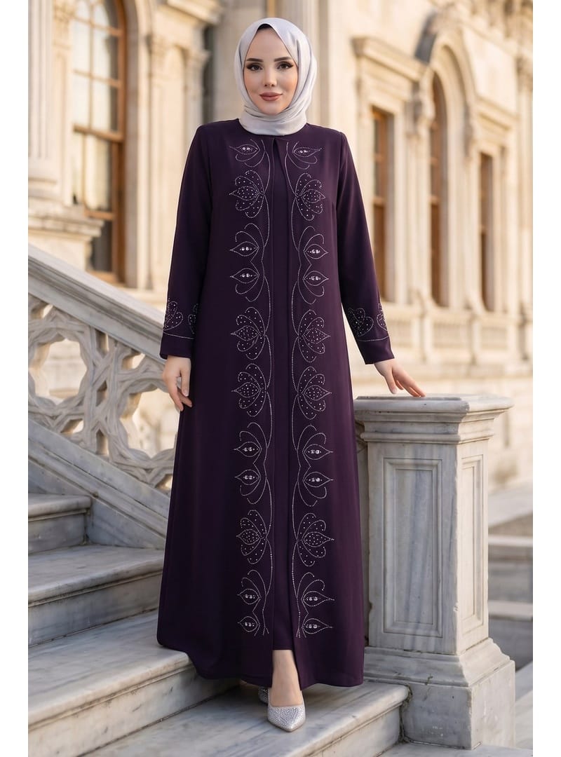 Boncuk Taşlı Büyük Beden Anne Elbisesi Mürdüm HM2952 - Resim 3