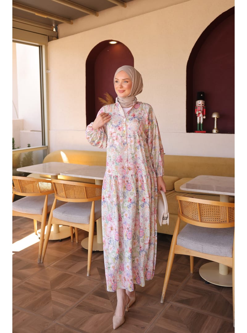 Pembe Yarım Düğmeli Kol Lastikli Desenli  Elbise - Resim 2