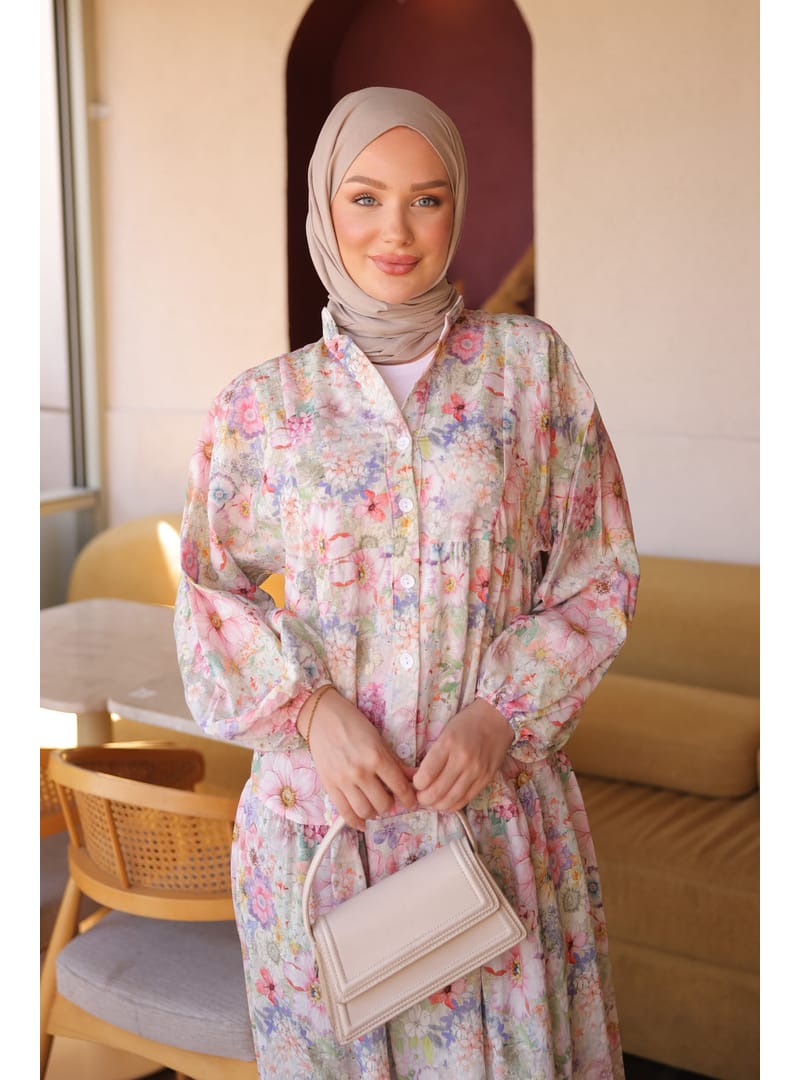 Pembe Yarım Düğmeli Kol Lastikli Desenli  Elbise - Resim 3