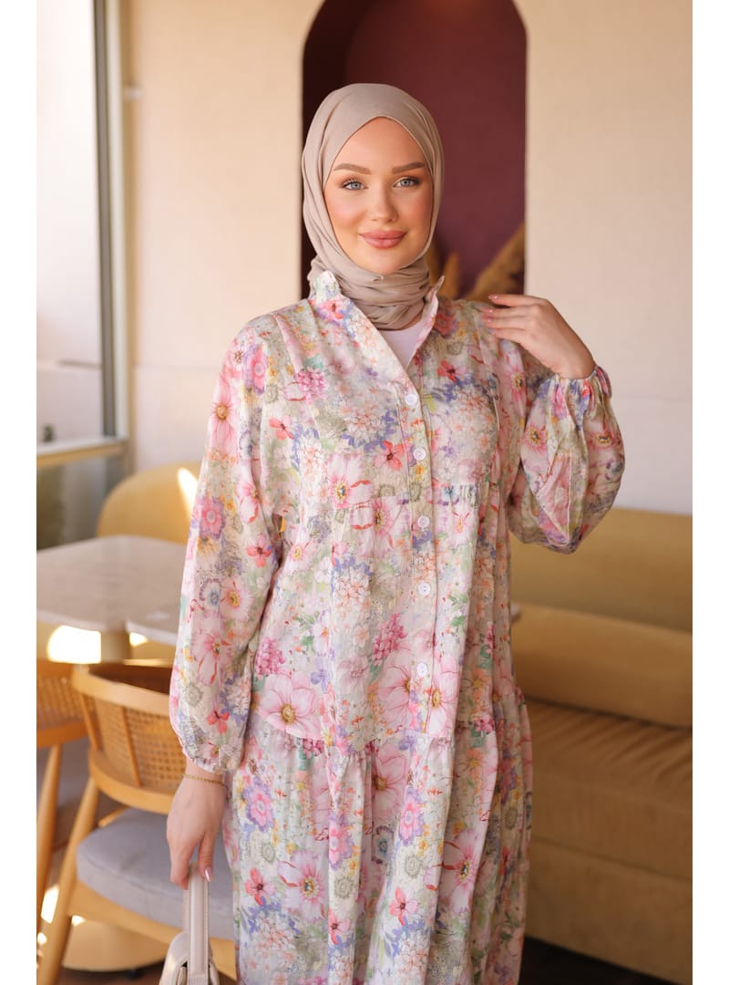 Pembe Yarım Düğmeli Kol Lastikli Desenli  Elbise - Resim 4