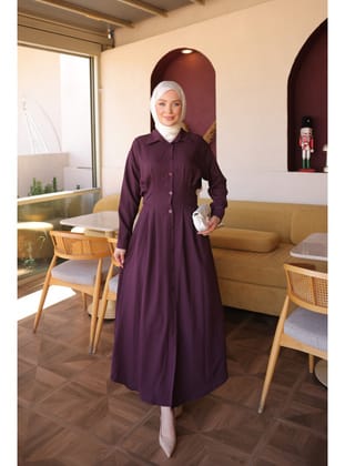 Mürdüm Düğmeli Bel Pensli Elbise