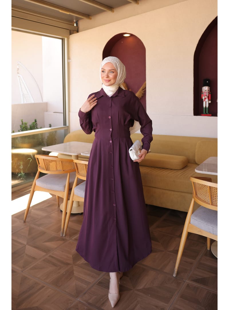 Mürdüm Düğmeli Bel Pensli Elbise - Resim 2