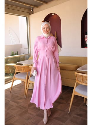 Pembe Düğmeli Bel Pensli Elbise