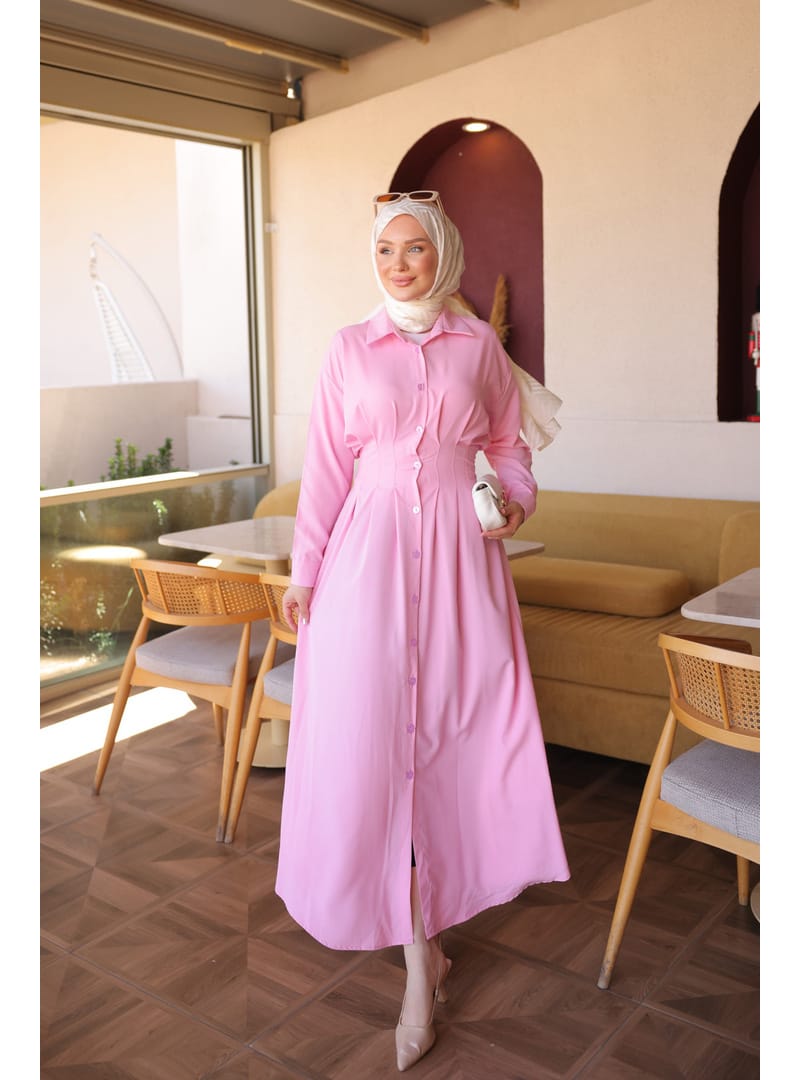 Pembe Düğmeli Bel Pensli Elbise - Resim 2