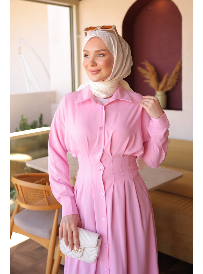 Pembe Düğmeli Bel Pensli Elbise - Resim 3