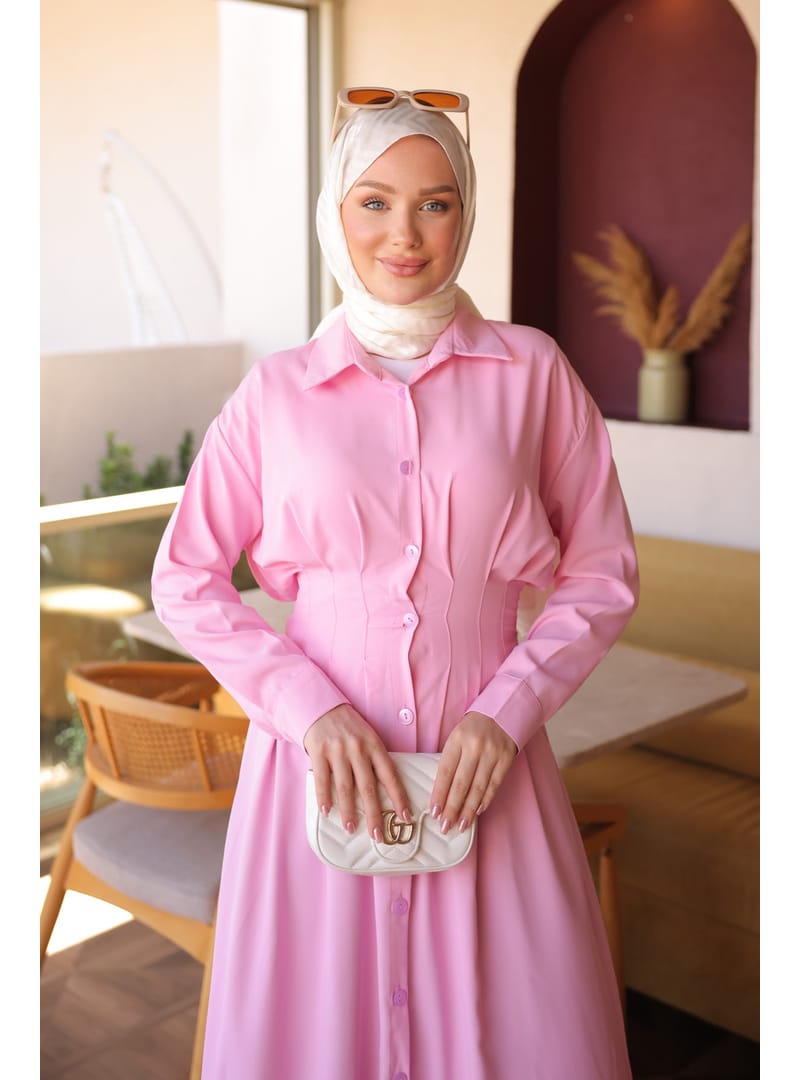 Pembe Düğmeli Bel Pensli Elbise - Resim 4
