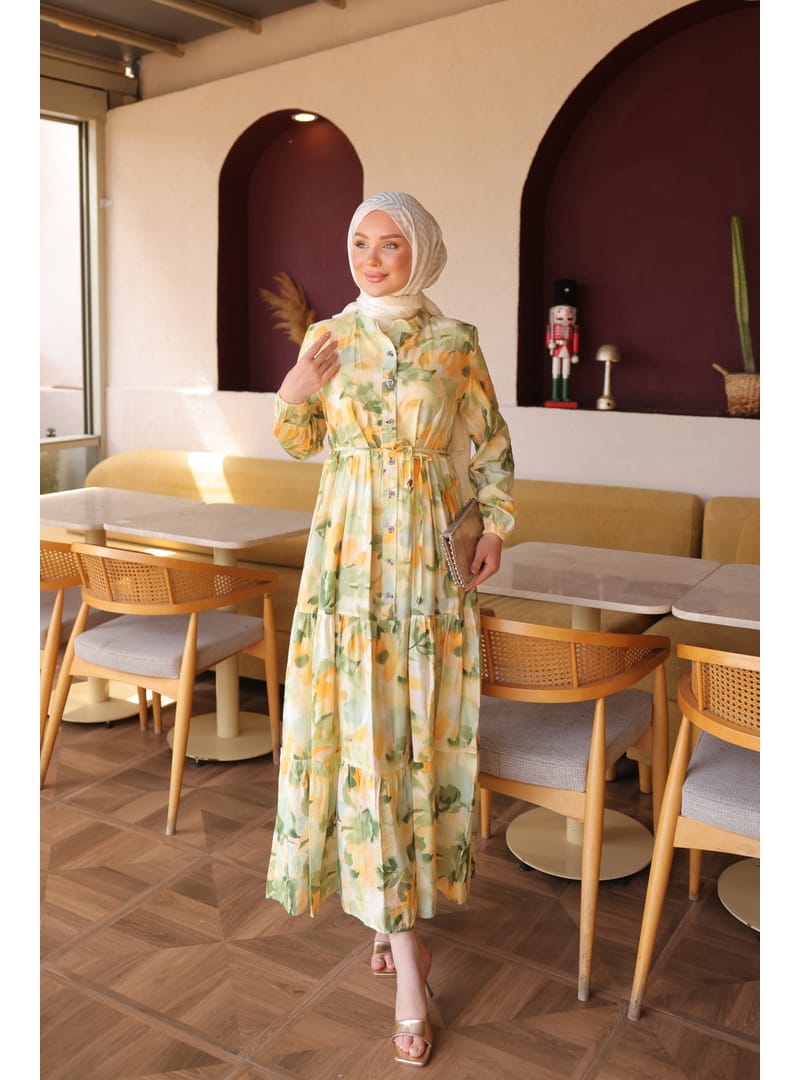 Sarı Yarım Düğmeli Kol Lastikli Eteği Katlı Elbise - Resim 2