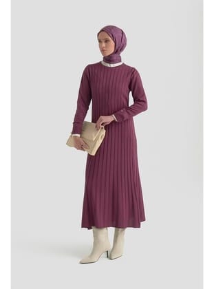 Kendinden Çizgili Triko Elbise Mürdüm 25KTD901