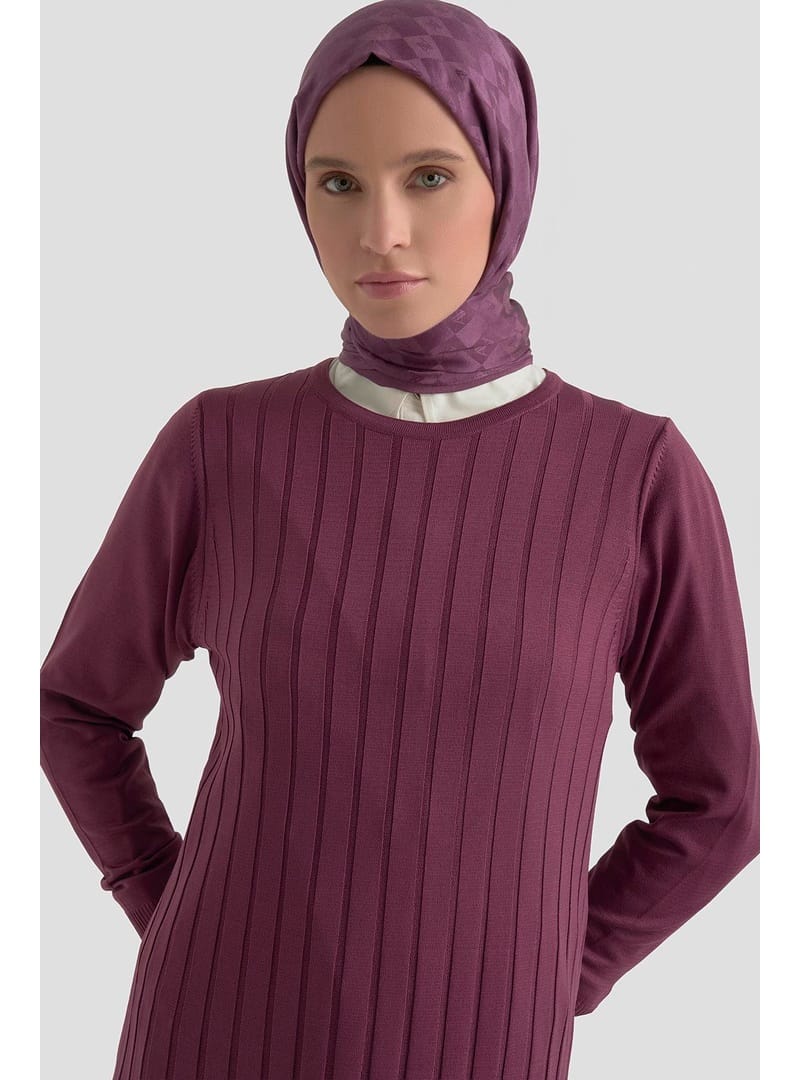 Kendinden Çizgili Triko Elbise Mürdüm 25KTD901 - Resim 2