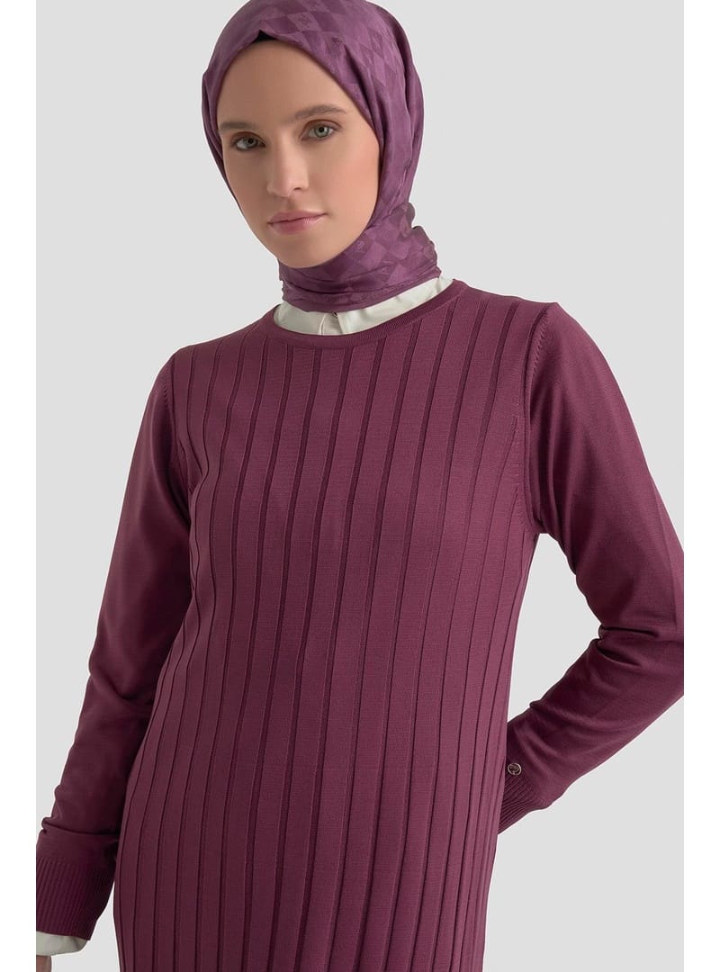 Kendinden Çizgili Triko Elbise Mürdüm 25KTD901 - Resim 3