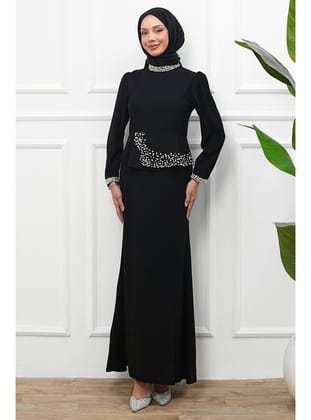 Siyah Taş Detaylı Peplum Tasarım Abiye