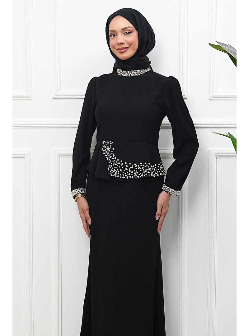 Siyah Taş Detaylı Peplum Tasarım Abiye - Resim 2