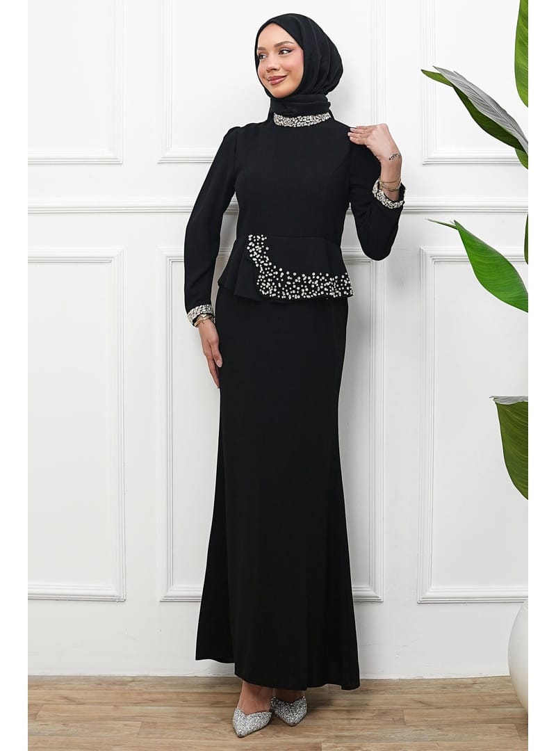 Siyah Taş Detaylı Peplum Tasarım Abiye - Resim 3