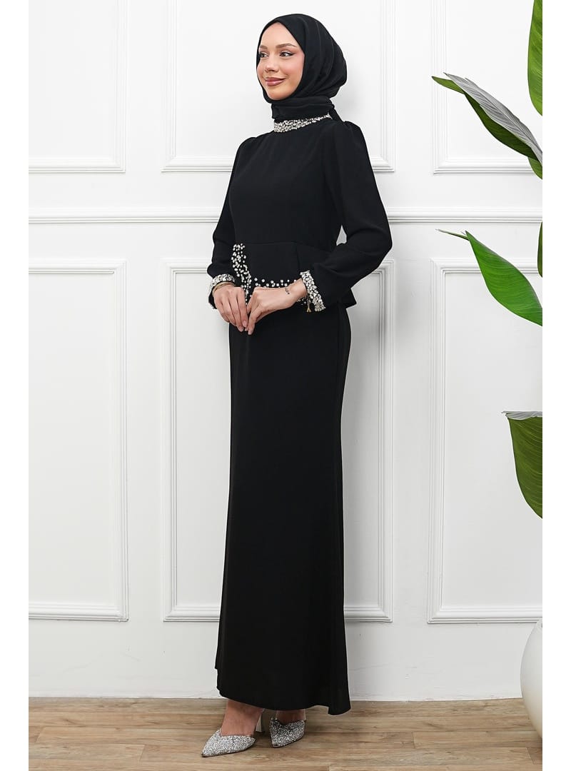 Siyah Taş Detaylı Peplum Tasarım Abiye - Resim 4