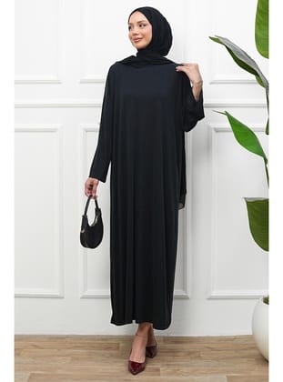 Siyah Kol Katlı Oversize Modal Elbise