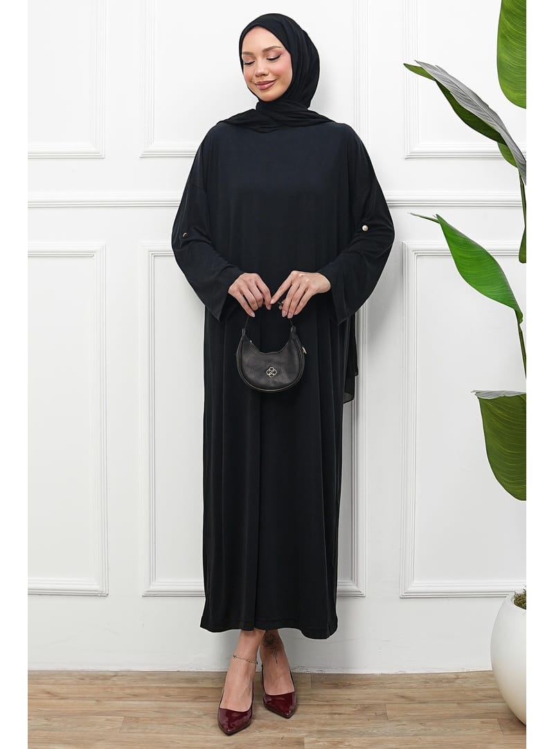 Siyah Kol Katlı Oversize Modal Elbise - Resim 2