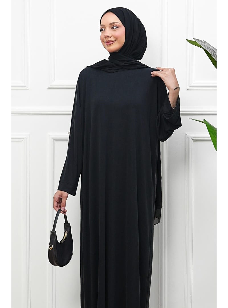 Siyah Kol Katlı Oversize Modal Elbise - Resim 3