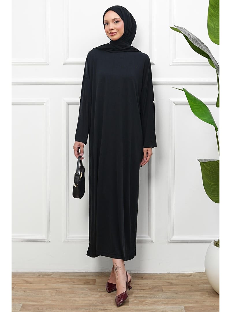Siyah Kol Katlı Oversize Modal Elbise - Resim 4